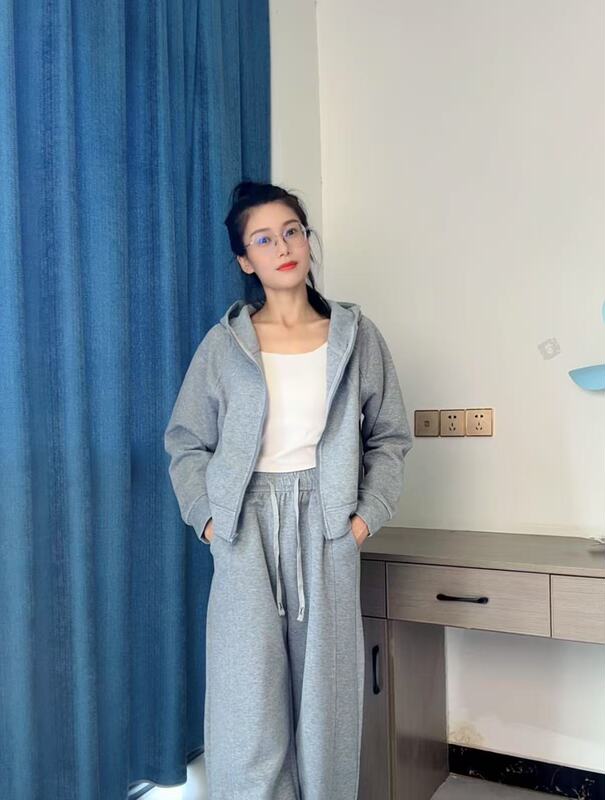 秋冬新款小个子粉色卫衣连帽休闲运动套装女直筒裤两件套抖音爆款|undefined