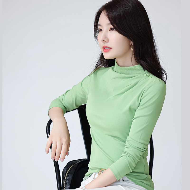 고급 센스 베이스 셔츠 하프 하이 칼라 이른 가을 긴 소매 여성 티셔츠 슬림핏 한국 패션 서양 스타일 탑 6969-1