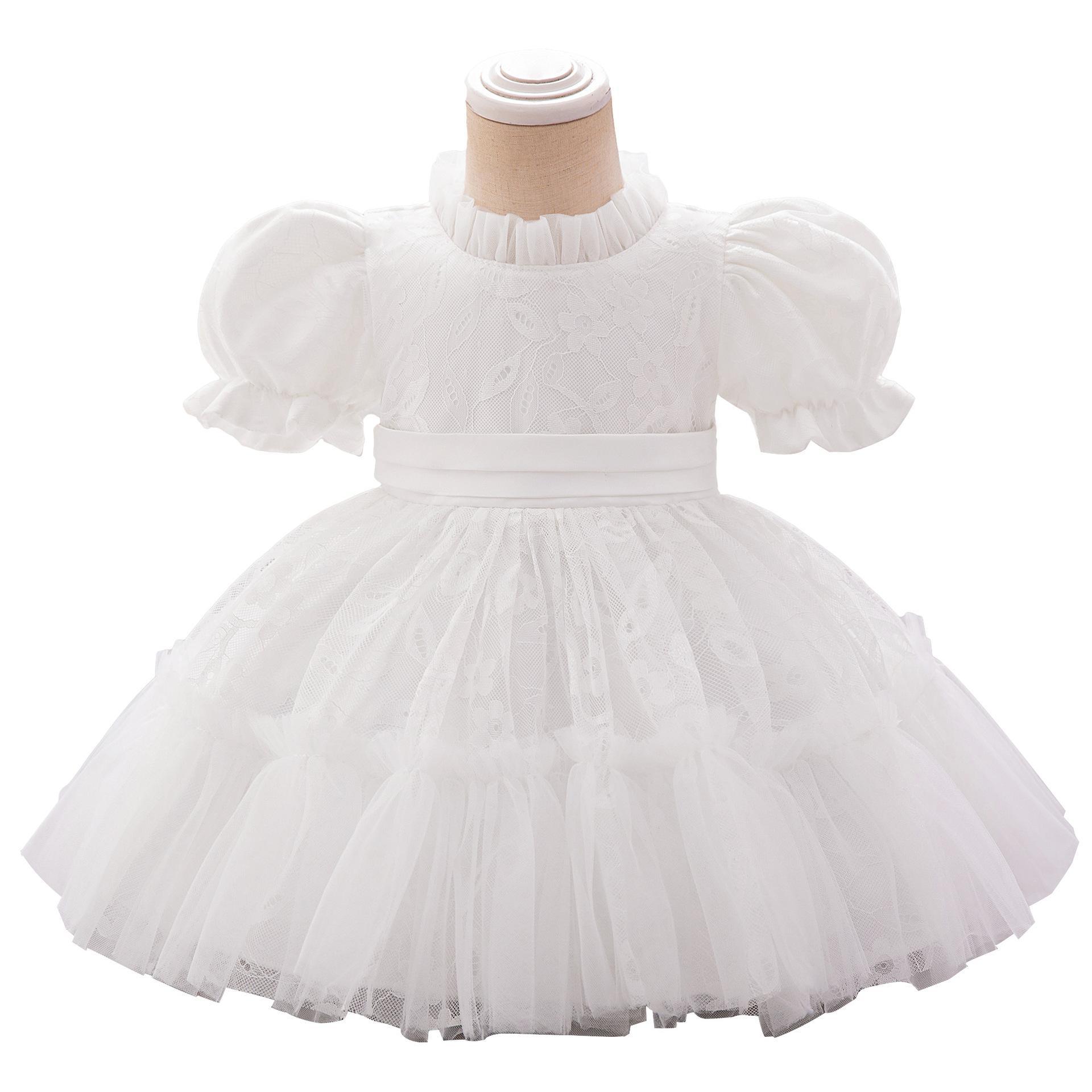 [Con accesorios] ropa infantil niñas vestido blanco vestido de aniversario vestido de cumpleaños vestido de princesa de malla de encaje