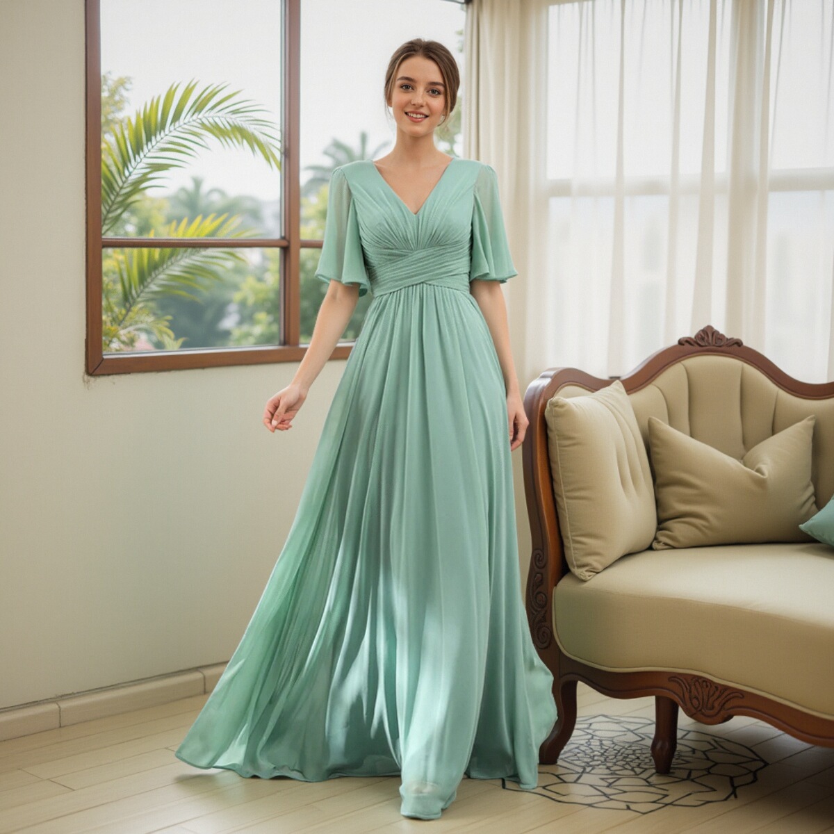 Verano nuevo vestido de noche de chiffon europeo y americano V-collar mangas mariposa novia vestido de damas de honor anfitriona de la fiesta vestido largo