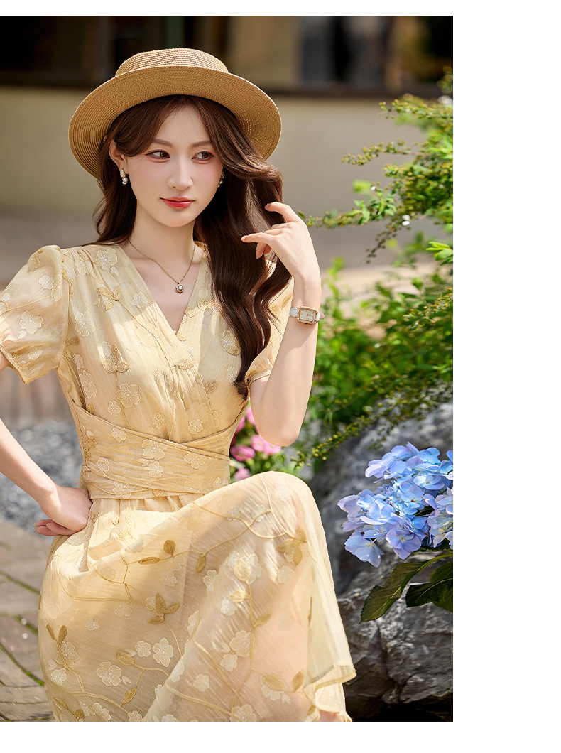 Đầm maxi nữ thắt eo tay bồng họa tiết hoa nhỏ cổ chữ V phong cách tea dress — Màu hồng, màu vàng chi tiết 11