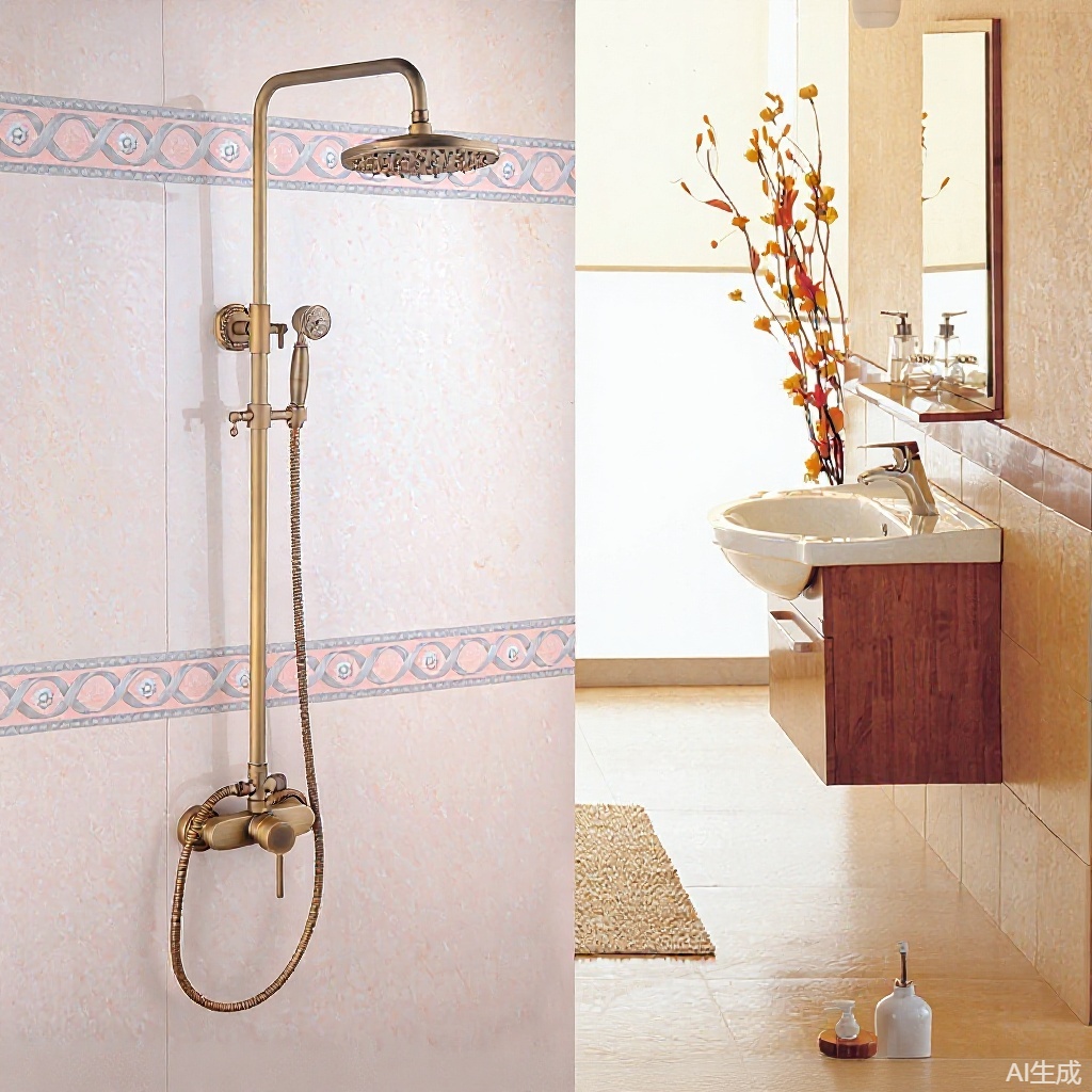 Juego de ducha de estilo retro de lujo europeo explosivo transfronterizo, ducha antigua de cobre, grifo de válvula mezcladora de agua fría y caliente, baño