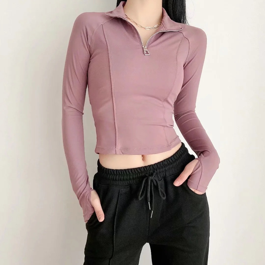 Zip collar solid color crop top NSHS46858