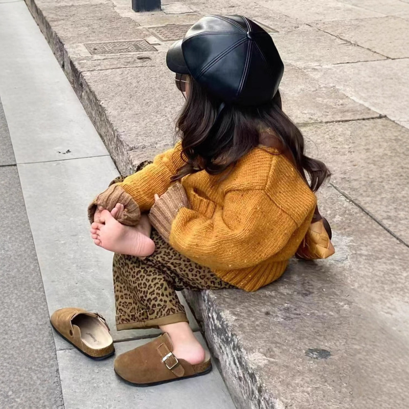 韩版女童2025秋冬新款慵懒风桔黄拼色针织开衫中大童豹纹阔腿裤子|undefined