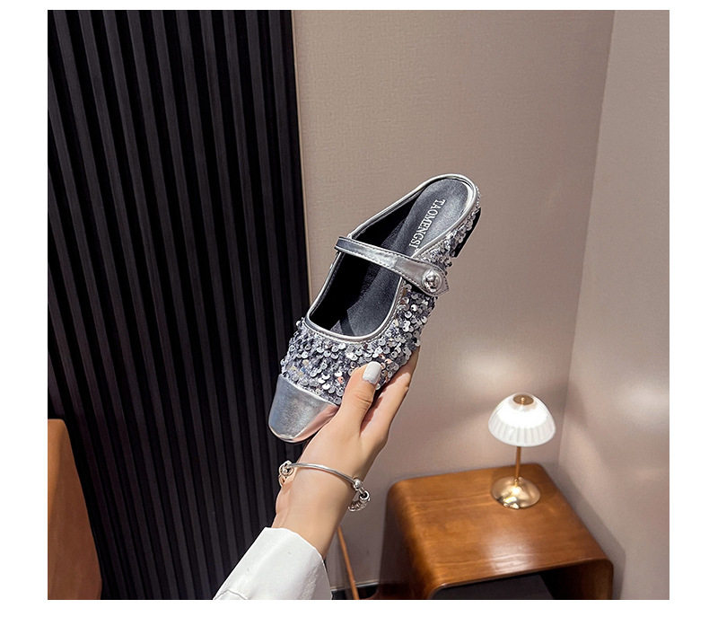 Dép mule sandal nữ bít mũi vuông quai ngang đính sequin lấp lánh, gót thấp 1–3 cm — Màu bạc, Màu đen chi tiết 29
