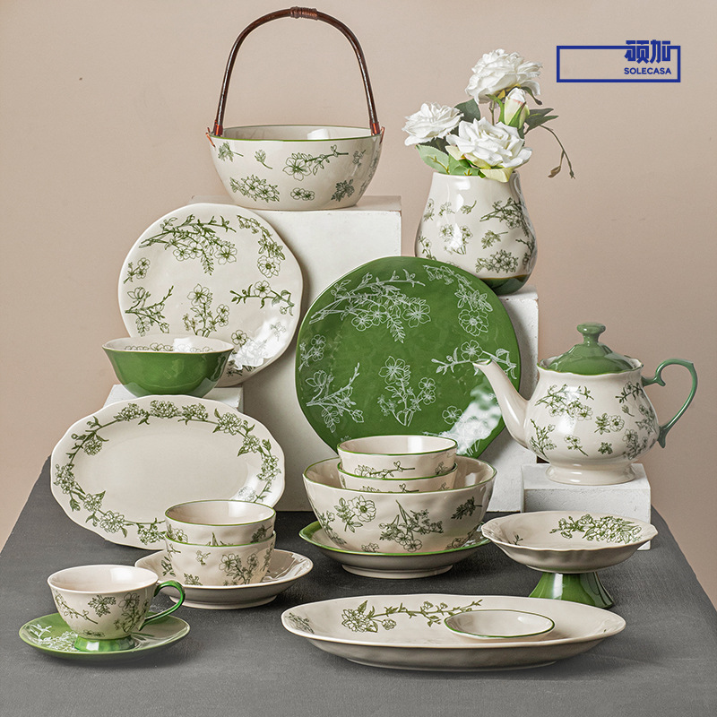 Shun Xiang [Green Time] suit Household Fresh Ins Ceramic Tableware Easy-to-Clean Glazed Rice Bowl Plate