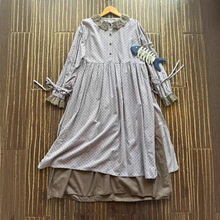 2025秋季新品 日系森女系复古双层拼接宽松绑带长袖连衣裙女装