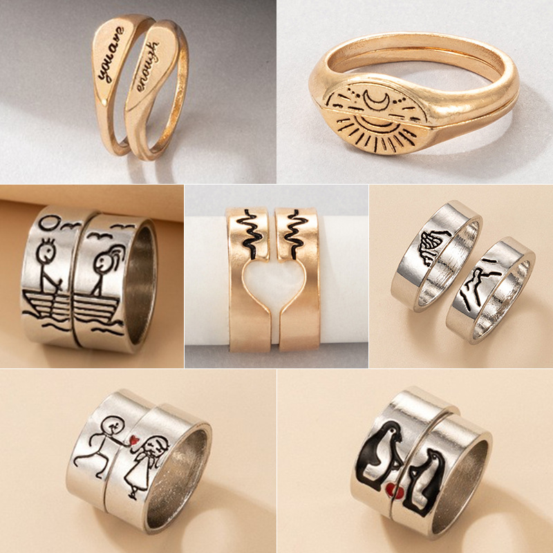 Personality Jewelry Cartoon Love Couple Ring Geometric Letter Ring Set display picture 4