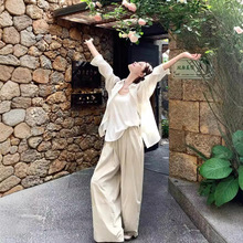 大码休闲套装2025新款女装夏季胖MM显瘦防晒衬衫背心阔腿山本裤子