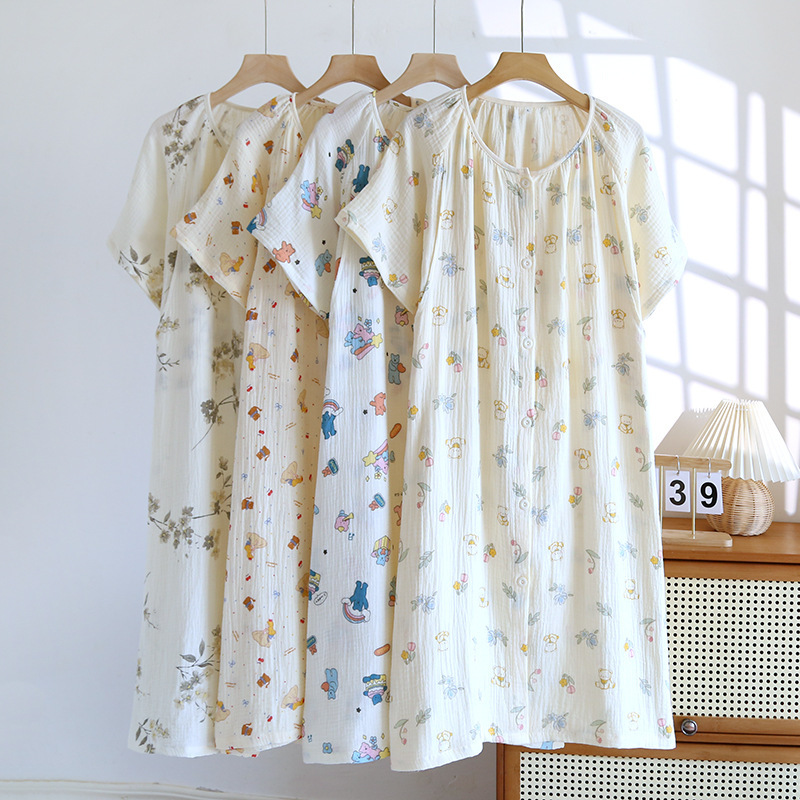 Pure Cotton Short-sleeved Nursing Nightgown Summer Gauze Thin Pajamas for Pregnant Women