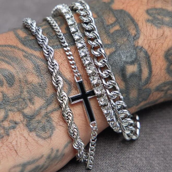 European and American Cross-Border New Style Personalized Cross Zircon Bracelet Hip-Hop Fashion Simple Multi-Layered Twist Bracelet Four-Piece Set European and American Cross-Border New Style Personalized Cross Zircon Bracelet Hip-Hop Fashion Simple Multi-Layered Twist Bracelet Four-Piece Set