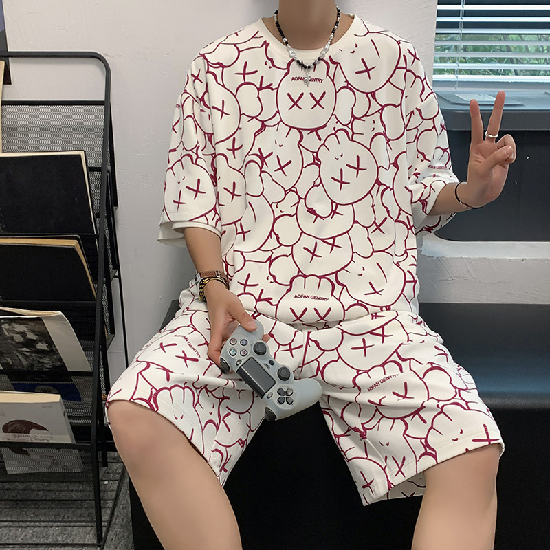 Ropa de pareja de verano de cuello redondo camiseta de manga corta para hombres dos pantalones cortos delgados se pueden usar ropa para el hogar 28013