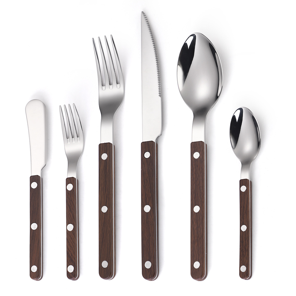 Bistec de acero inoxidable 304, cuchillo y tenedor, imitación de grano de madera, mango de tres clavos, vajilla, cuchillo, tenedor y cuchara de comida occidental, juego de cuchara de postre de alta calidad