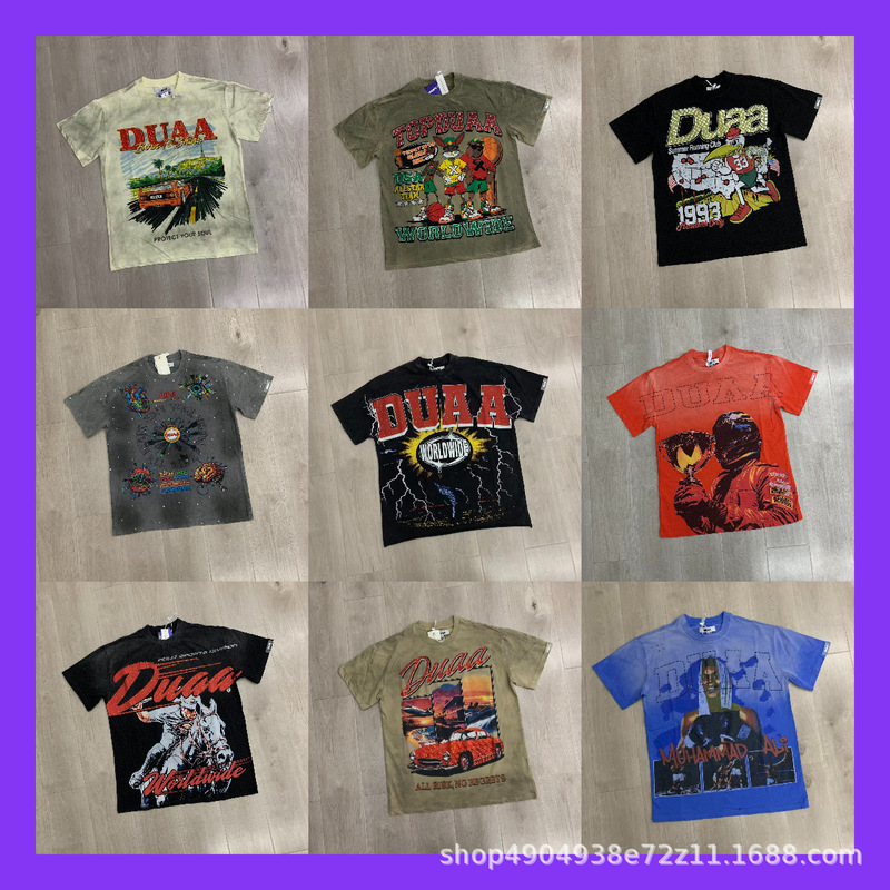 American Retro Boxing Print Rhinestone Distressed Unisex Loose Casual Ripped Round Neck Short-Sleeve T-Shirt Trendy Top American Retro Boxing Print Rhinestone Distressed Unisex Loose Casual Ripped Round Neck Short-Sleeve T-Shirt Trendy Top