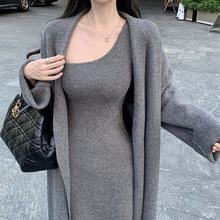 两件2025冬款新款针织套装女长袖开衫+单吊带裙毛衣女装长款外贸