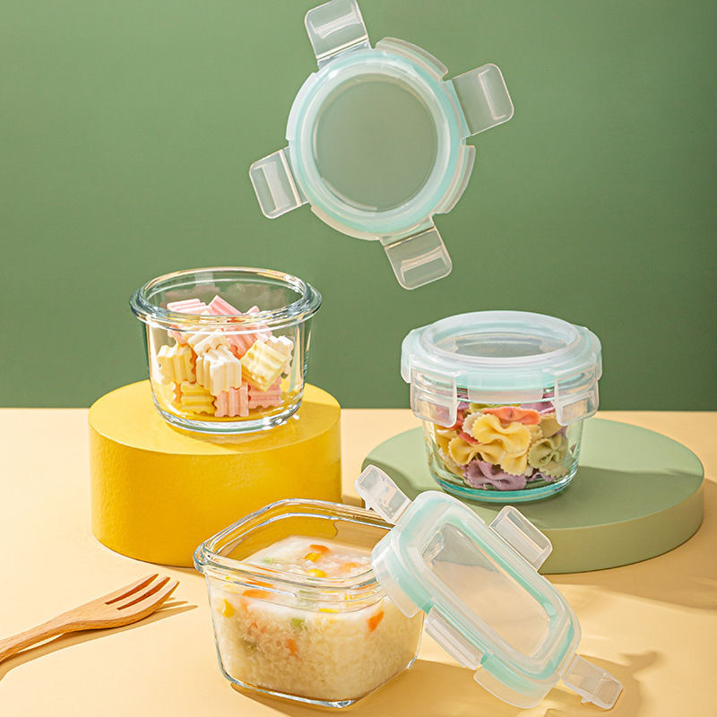 Cuenco de alimentos suplementarios para bebés calentado por microondas, caja de almuerzo con cubierta, huevo al vapor, caja de muestra de alimentos cocinados, caja de vidrio