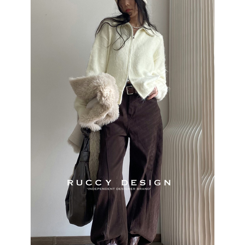 【RUCCY】2025冬季新款柔软温暖含8毛拉毛双向拉链翻领开衫毛衣女