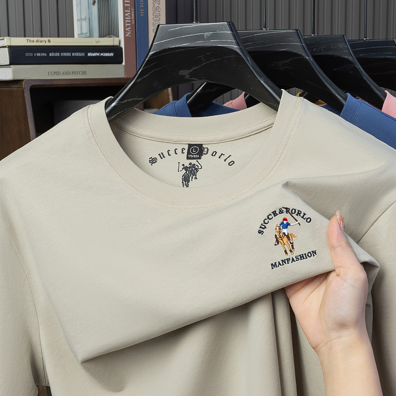 Pure Cotton Summer Paul Round Neck Short-Sleeved T-Shirt Men's Embroidered Breathable Casual Loose and Elegant Pure Color Men's T-Shirt