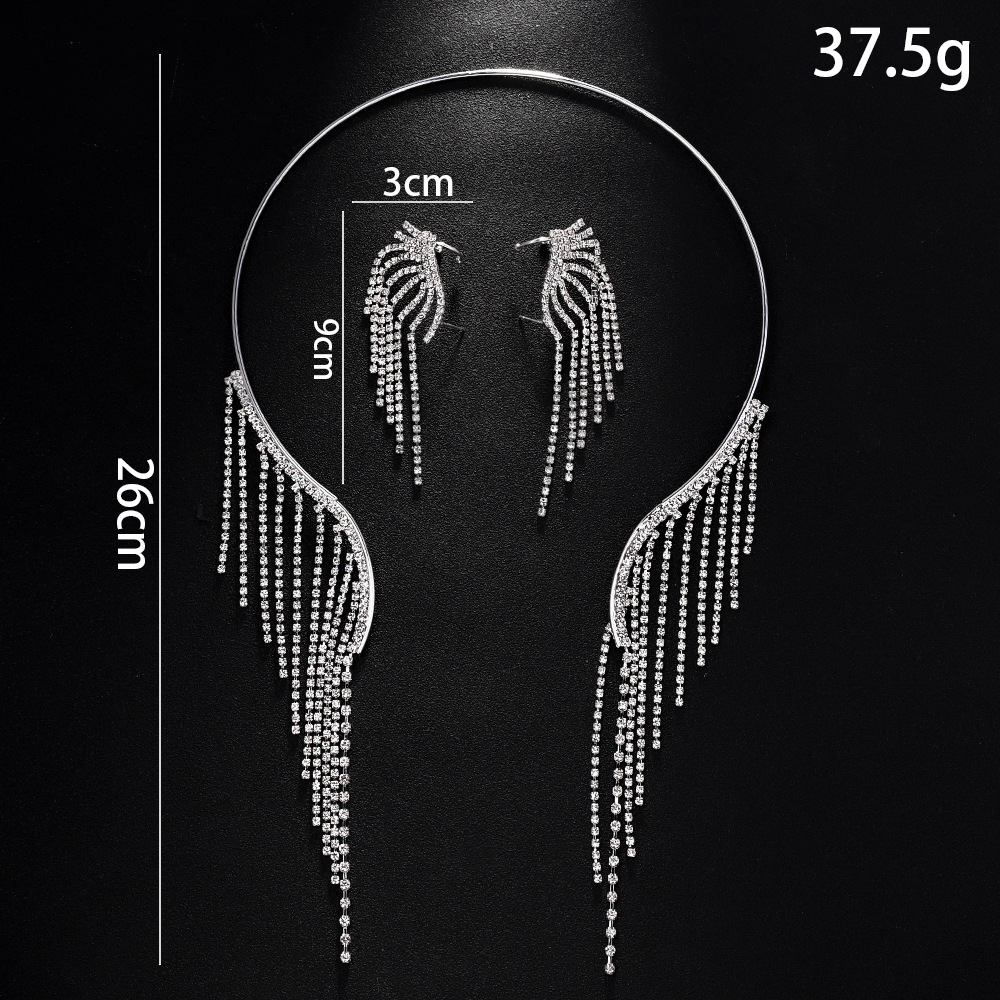 Amazon venta caliente set de joyería frillera simple clavícula de diamante pendientes de moda set de joyería mujer