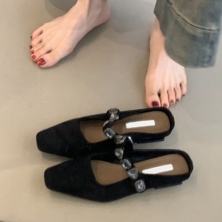 Non-Goatskin Low-Heeled Square-Toe Half-Slippers for Women, Diamond-Embellished Single-Strap Soft Leather Mules, Elegant and Stylish Women's Shoes Non-Goatskin Low-Heeled Square-Toe Half-Slippers for Women, Diamond-Embellished Single-Strap Soft Leather Mules, Elegant and Stylish Women's Shoes