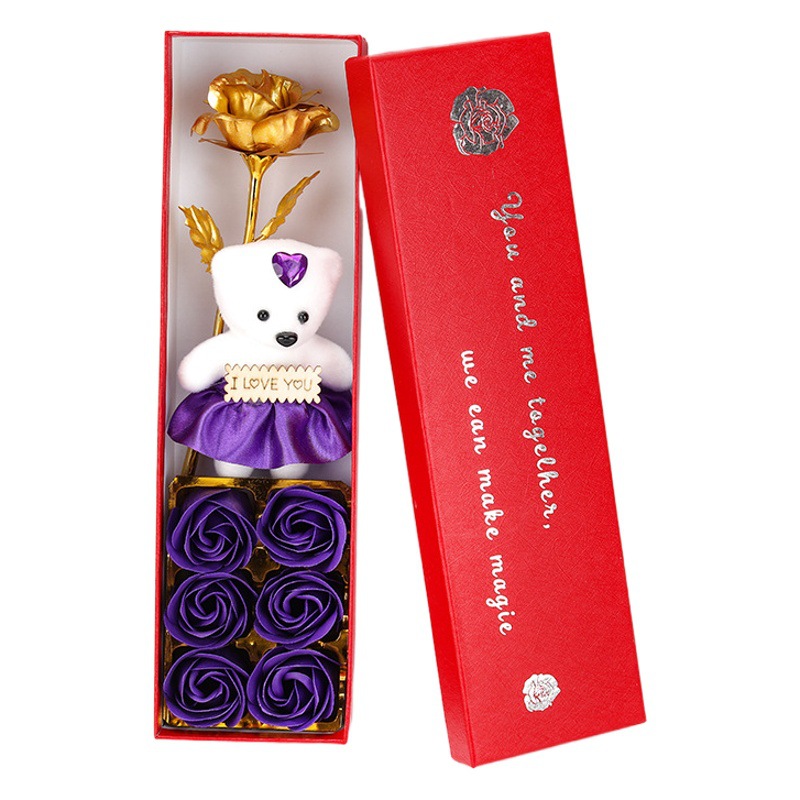 Comercio exterior regalo del Día de San Valentín Rosa artificial caja de regalo 24K hoja de oro rosa 6 oso jabón flor pequeña caja de regalo