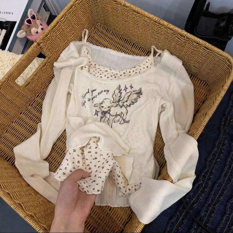 Korean Style Lace Long-Sleeved T-Shirt for Women in Autum with Design Printed Slimming Look Fake Two-Piece Top Ins Korean Style Lace Long-Sleeved T-Shirt for Women in Autum with Design Printed Slimming Look Fake Two-Piece Top Ins