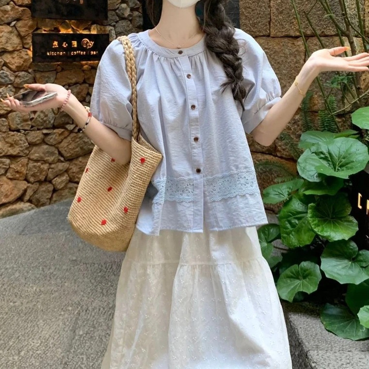 Loose Lace Splicing Simple Shirt for Women Summer New Round Neck Single-Breasted Puff Sleeves Versatile Temperament Shirt Trendy Loose Lace Splicing Simple Shirt for Women Summer New Round Neck Single-Breasted Puff Sleeves Versatile Temperament Shirt Trendy