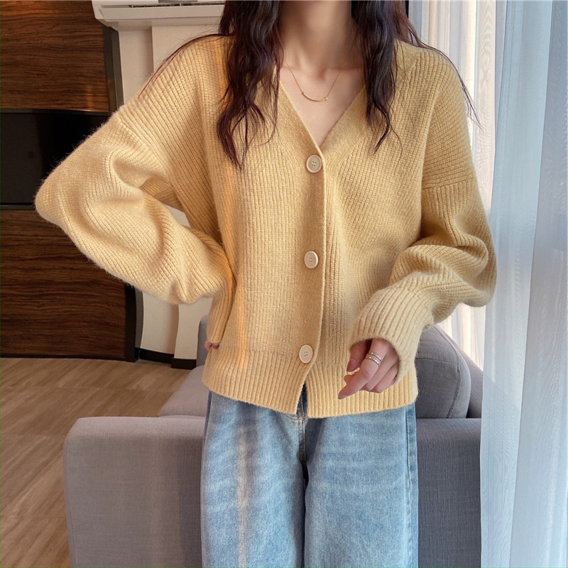 French V-Neck Candy Color Long Sleeve Cardigan Women's Loose Knit Sweater Coat Casual Elegant Outerwear_ecoleips.com