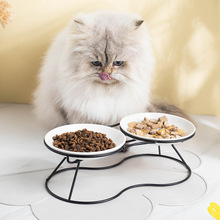 亚马逊跨境猫碗平盘浅口宽口盘子零食盘碗猫碗高脚护颈双碗铁架子