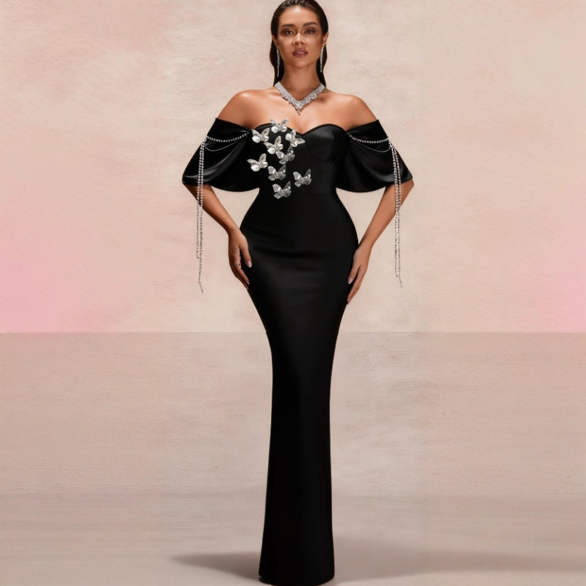 Bandage Dress in Stock, New European and American Fashion One-Shoulder Sequin Butterfly Rhinestone Chain Bandage Dress