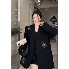 西装黑色外套女2025春秋新款精致小众设计感重工镶砖宽松高级西服