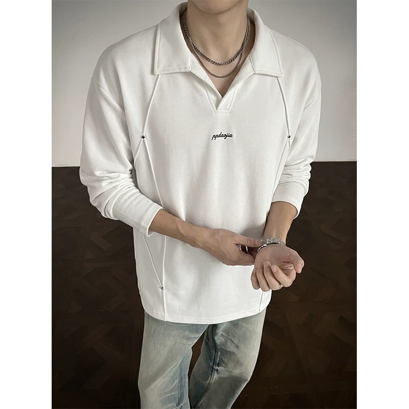 Black American-style deconstructed studded long-sleeve polo shirt for men, autumn heavy-duty regular shoulder T-shirt, cleanfit hoodless sweatshirt