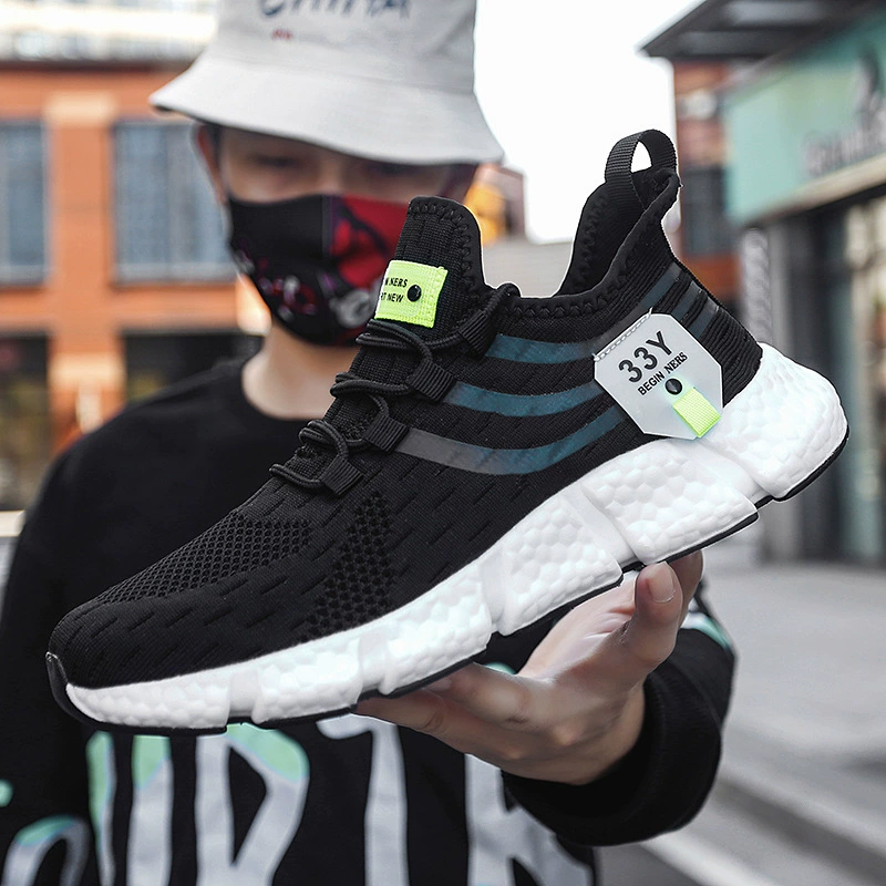 Dropshipping Cross-Border Light Running Shoes for Men, Soft-Soled Shock-Absorbing Fly-Knit Mesh Sports Shoes for Men, Breathable Popcorn-Soled Men's Shoes