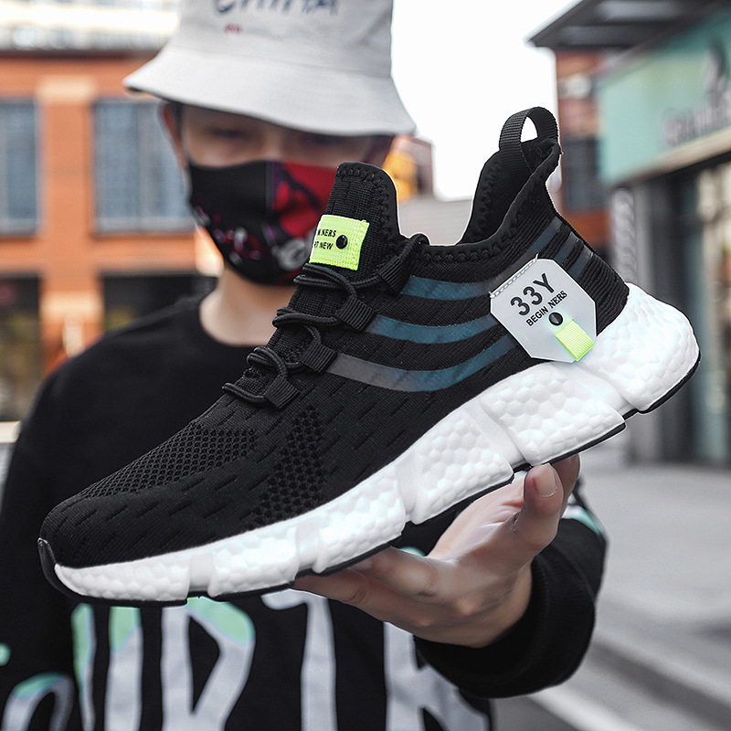 Dropshipping Cross-Border Light Running Shoes for Men, Soft-Soled Shock-Absorbing Fly-Knit Mesh Sports Shoes for Men, Breathable Popcorn-Soled Men's Shoes