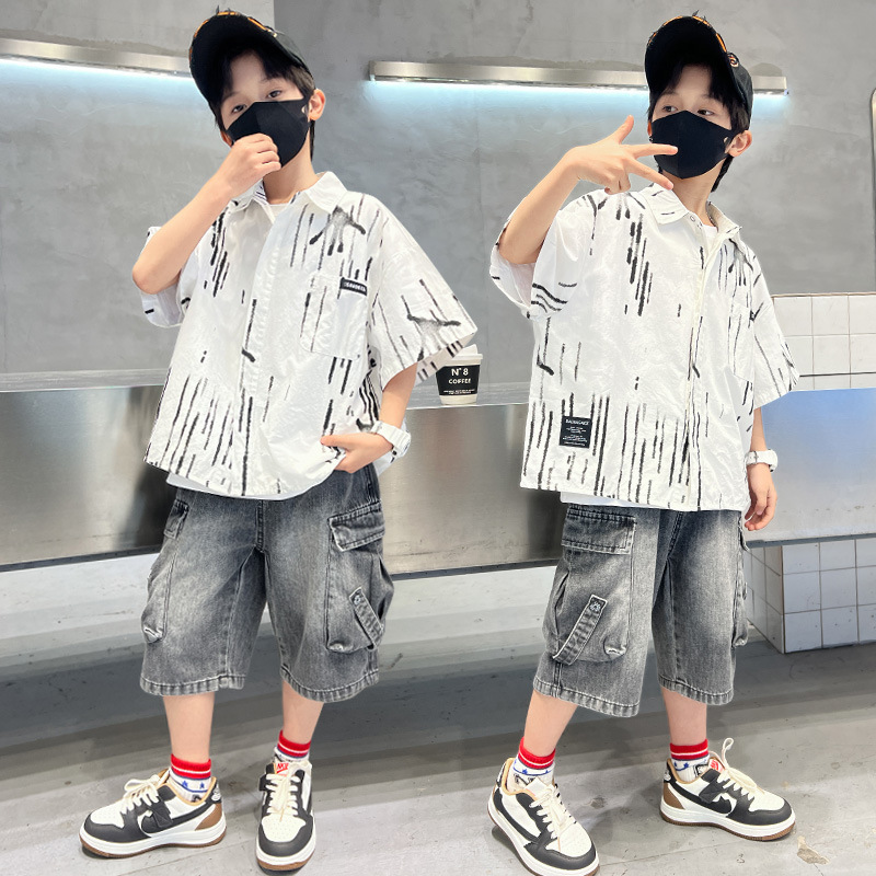 男童夏季衬衫套装2025新款潮酷男孩韩版短袖痞帅中大儿童装夏装潮