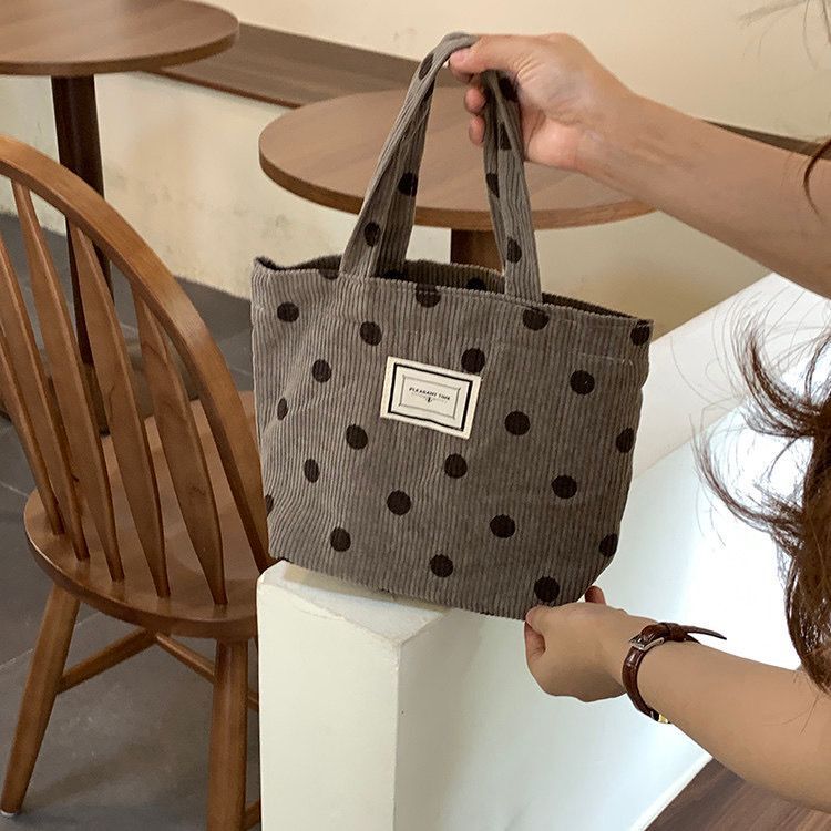 2022 New Corduroy Retro Wave Dot Handbag Japanese Casual Commuter Tote Bag Women's Lunch Bag