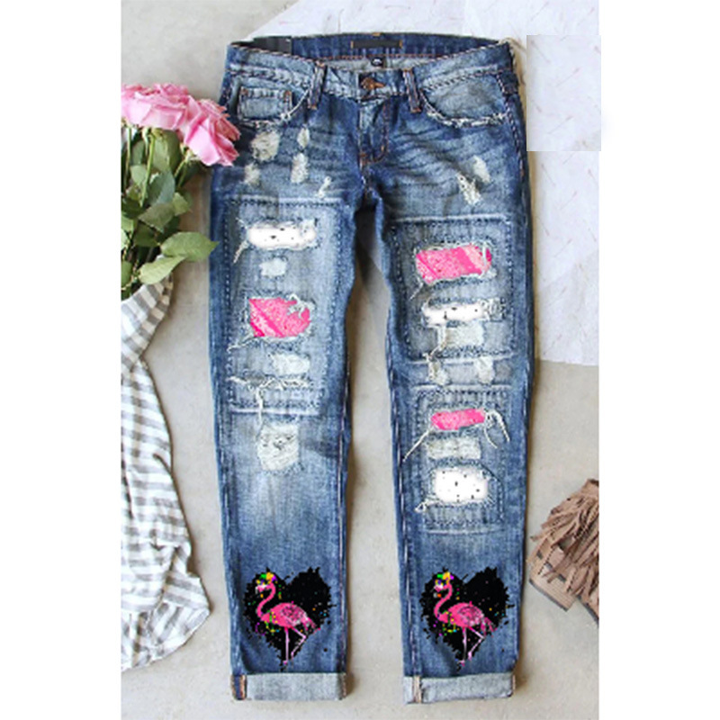 Amazon independent station wish European and American women's clothing 2023 new cross-border printing hole straight tube Denim pants women