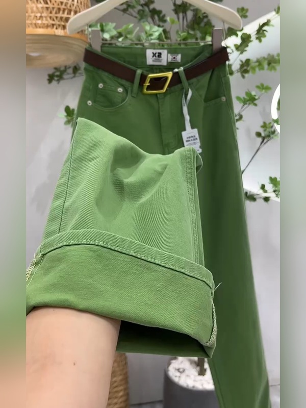 杏色直筒阔腿牛仔裤女2025早秋新款高腰宽松显瘦柔软浅色垂感长裤|undefined