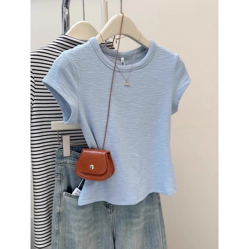 Milk Blue Texture Korean Style Simple Short-Sleeved Women's T-Shirt Summer Slimming Look Niche Western Style Bottoming Shirt Top