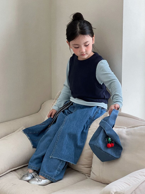 韩版女童三件套秋季新款纯色打底上衣针织背心2025洋气牛仔裙裤潮|undefined