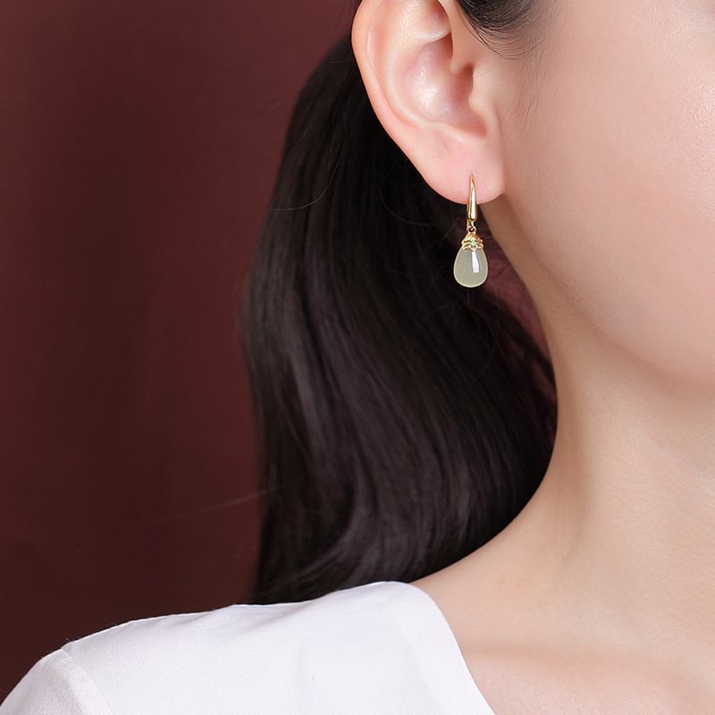 Khuyên tai nữ dài hình giọt nước bạc S925 mạ vàng đính ngọc bích — Một cặp