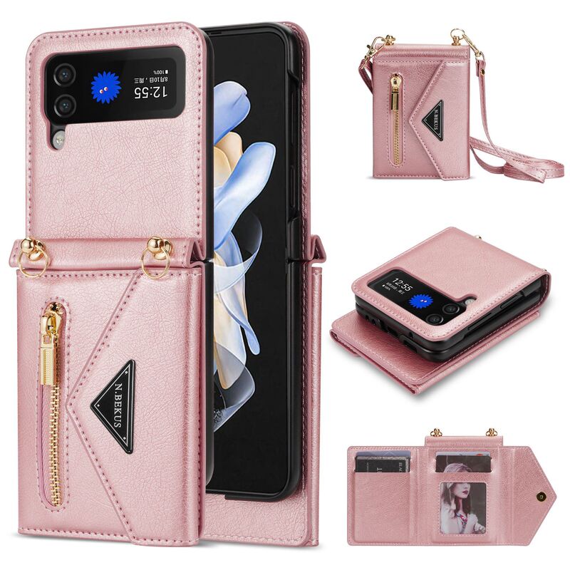 Suitable for Samsung Zflip4 crossbody folding phone case Zflip3 zipper card holder Zflip4 shoulder strap shell
