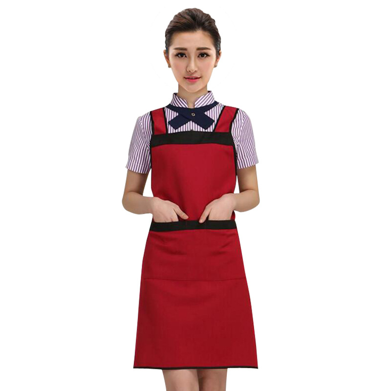 Amazon algodón poliéster delantal H hombro simple Bolsillo grande catering camarero ropa de trabajo cocina delantal logotipo personalizado