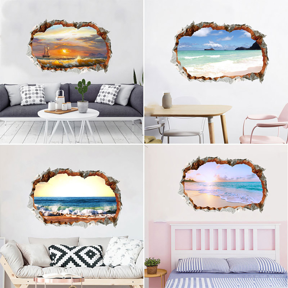 Shangyi 3D-Style Perforated Landscape Wall Stickers Ocean Beach Home Background Wall Stickers Waterproof Decorative Ceiling