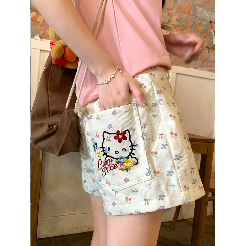 Bow Cherry Cute KT Cat Shorts 2025 Summer New Denim Straight Cream White Wide Leg Hot Pants for Women