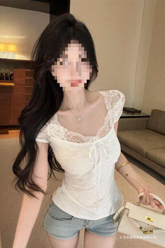 Lace Patchwork Tie-Neck Short-Sleeved Shirt for Women in Summer, Pure Lust Style, Slim-Fitting, Waist-Cinching, Niche Hot Girl Top That Shows Off the Figure Lace Patchwork Tie-Neck Short-Sleeved Shirt for Women in Summer, Pure Lust Style, Slim-Fitting, Waist-Cinching, Niche Hot Girl Top That Shows Off the Figure