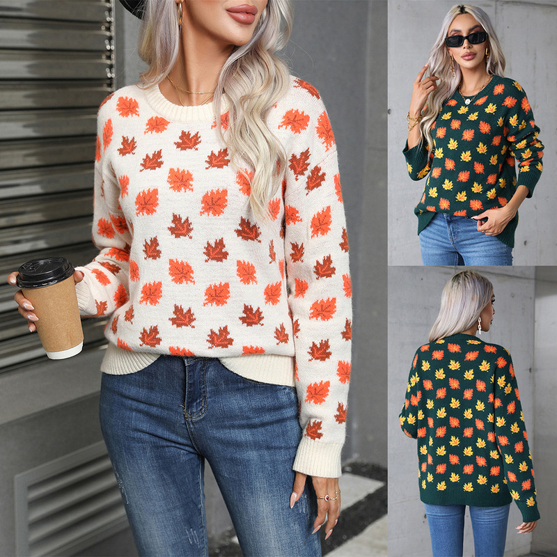 2026 Spring New Fashion Cross-Border European and American Foreign Trade Maple Leaf Christmas Round Neck Popular Sweater Knitwear Base Shirt Wholesale