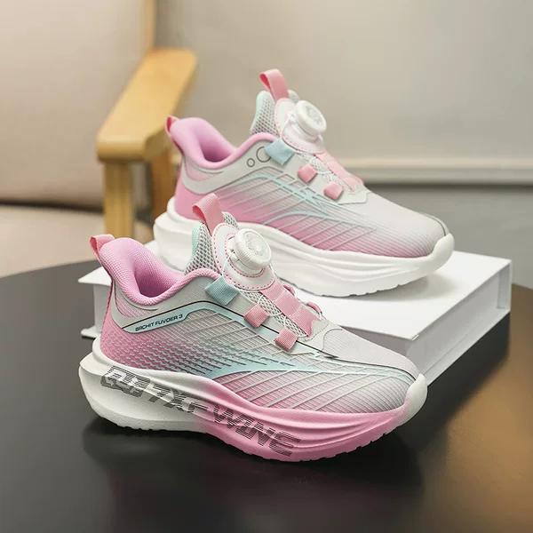 New gradient-soled children's athletic shoes, featuring a breathable mesh upper, no-tie design with a twist-lock closure, soft soles, and lightweight construction, perfect for running