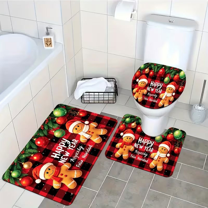 Cross-border diatomite toilet seat cover and floor mat 3-piece set, water-absorbent, dirt-resistant, non-slip floor mat, Christmas holiday floor mat