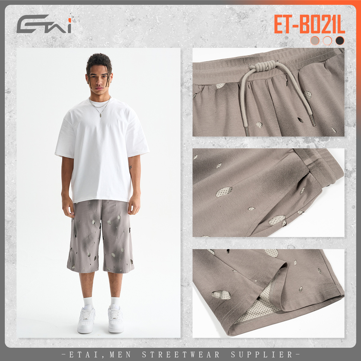 ETAI Hombre| Alta calidad falsa dos piezas agujeros viejos pantalones de rodilla de malla suelta transpirables pantalones cortos de hombre de doble capa